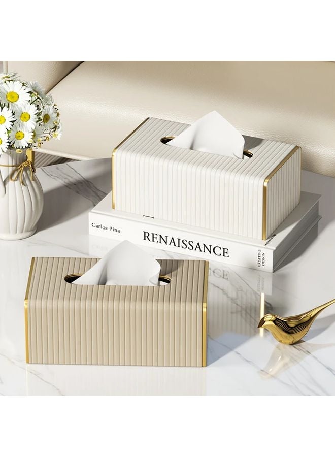 لون شاي الحليب غطاء صندوق المناديل الجلد الصناعي الاسكندنافي أبيض ذهبي مخطط ديكور غرفة المعيشة - Image 2